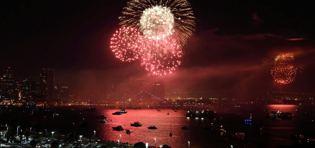 Fireworks lighting up the night sky over a Miami beach.